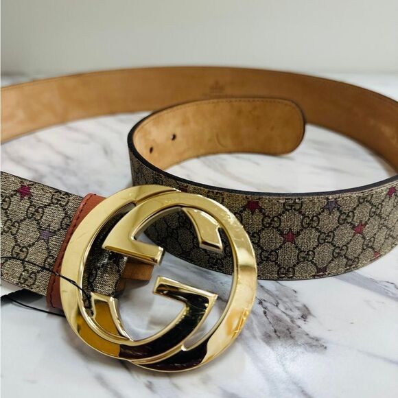 Gucci Brown Patterned Belt with Gold Buckle - Picture 2 of 7